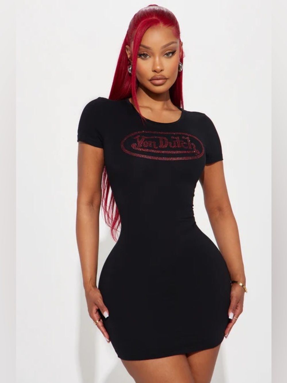 Fashion Nova - Von Dutch Red and Black Rhinestone Mini Dress, Large